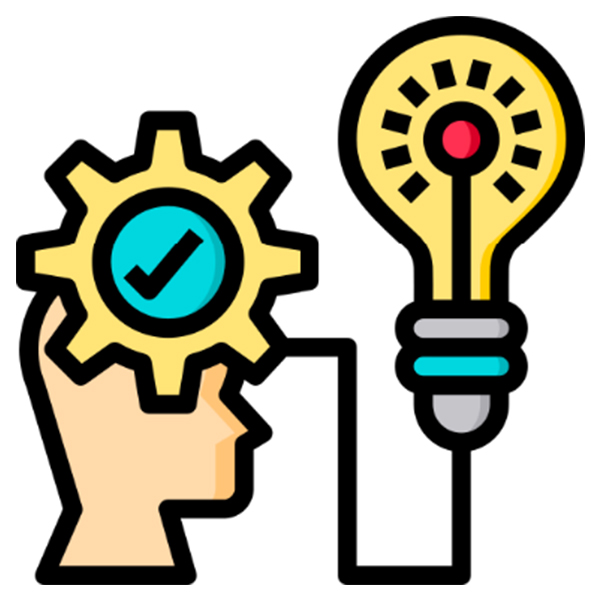 Illustration d'une tête humaine de profil avec un engrenage jaune et bleu à la place du cerveau, connecté à une ampoule jaune et rouge par un fil noir.