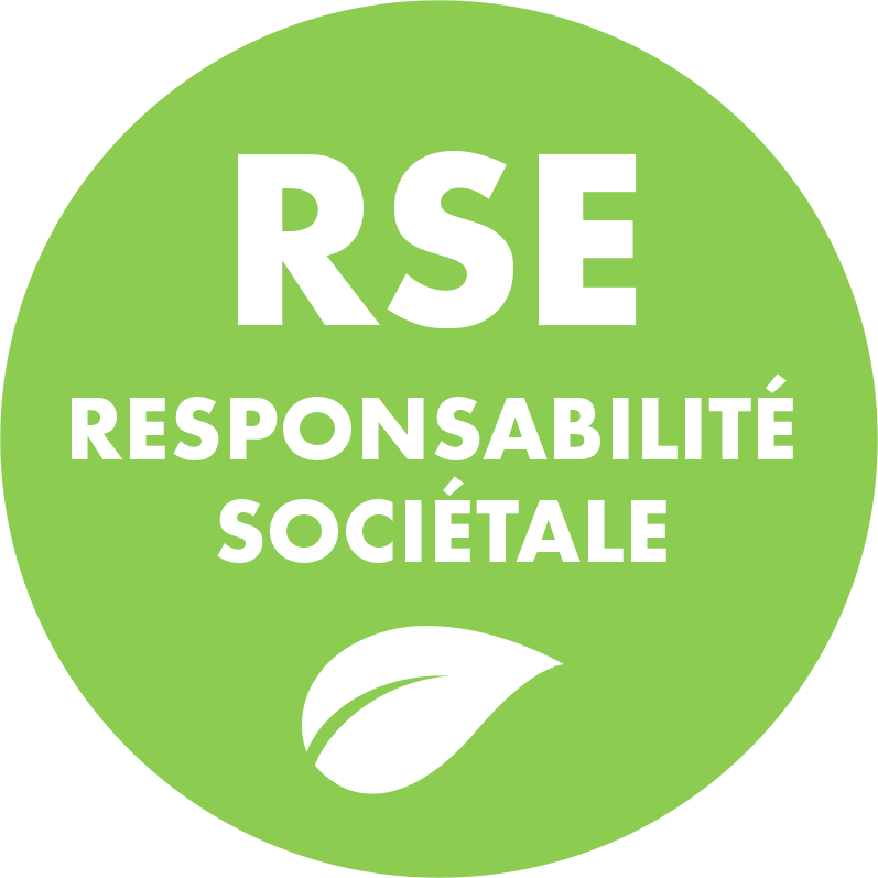 Logo circulaire vert avec le texte 'RSE RESPONSABILITÉ SOCIÉTALE' et une illustration d'une feuille blanche en dessous.